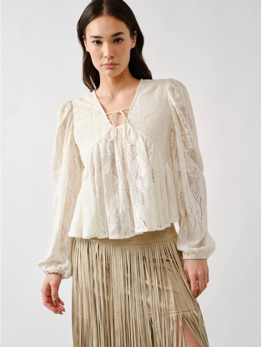 Aaron & Amber Lace Tie-Front Peasant Blouse Size L NWT - Picture 3 of 4